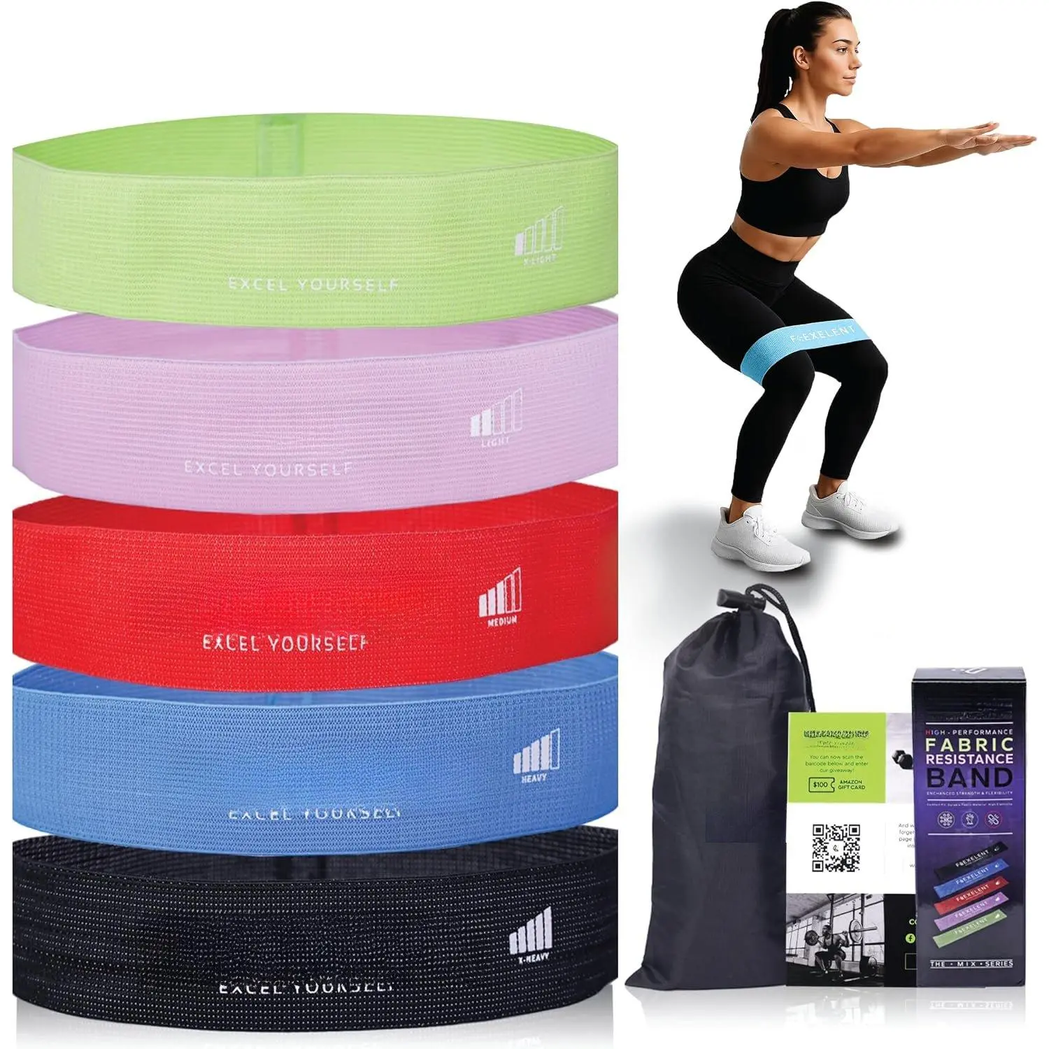 Short Fabric Resistance Bands for Working Out, 5 Strength Levels | Soft, Thick, -Friendly Fabric | Color-Coded Strength Levels | With Drawstring Storage Bag