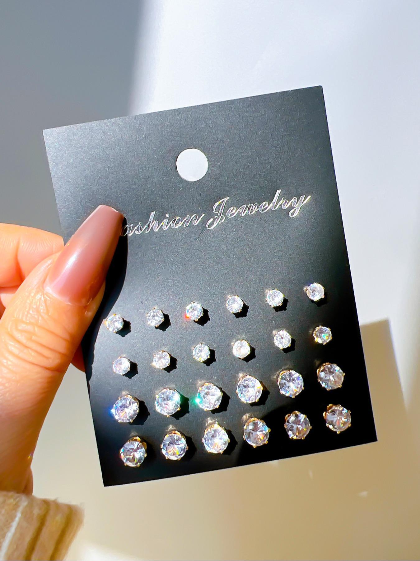 Women's Mixed Size Elegant Rhinestones Decor Zircon Stud Earrings, Ear Jewelry For Party, Daily Clothing Decor For Girl