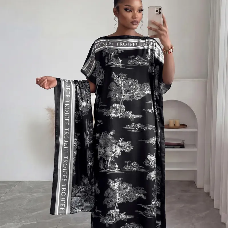2 Piece Fashion Casual Plant Print Shawl Set, Elegant Fitted Long Robe + Headscarf, Sun Protection Silk Scarf for Beach, Beach Coverups