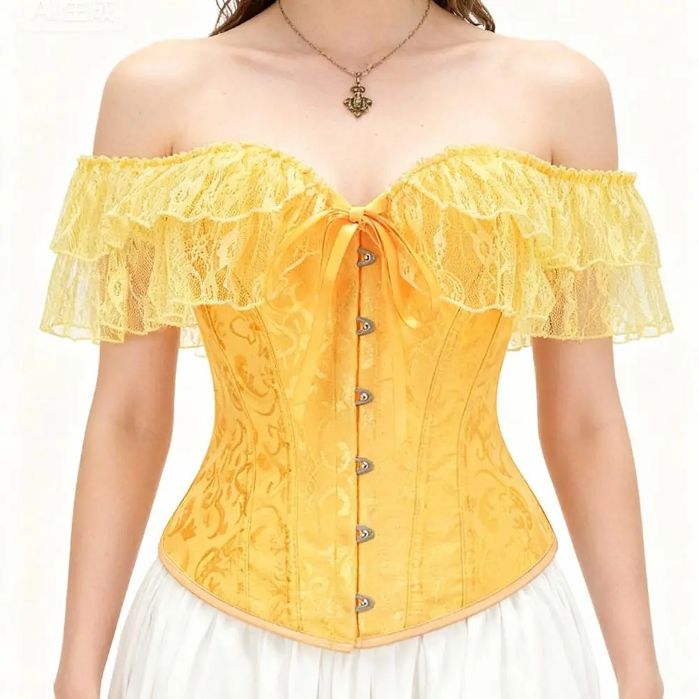 Yellow Jacquard & Lace Ruffles Boned Elegant Corsets Top Sexy Corset Overbust Vintage Clothes Victorian Women Gothic Bustier y2k