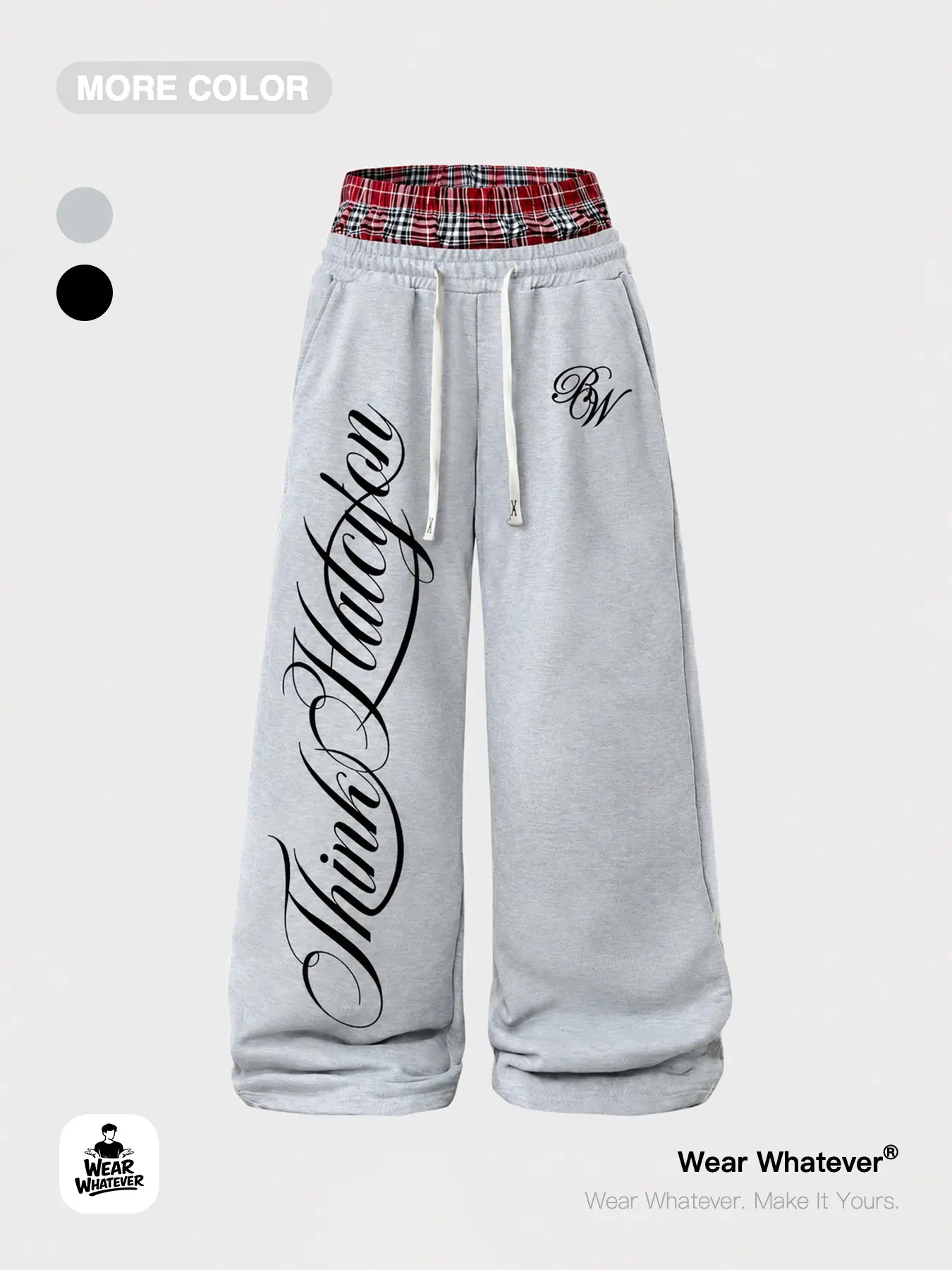 Wear Whatever Unisex Graphic Leisure Casual Fashion Sweatpants, Oversized Wide Leg Drawstring Pants with Plaid Waist Detail, Casual Lounge Streetwear Pants for Men and Women