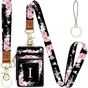 A-Z Letter 2-in-1 ID Badge Holder & Lanyard Wallet for Teachers,Nurse,Professionals-Cute Zippered  Pouch,Removable Wristlet &  Lanyard,5 Card Slots Stylish Work Essential I