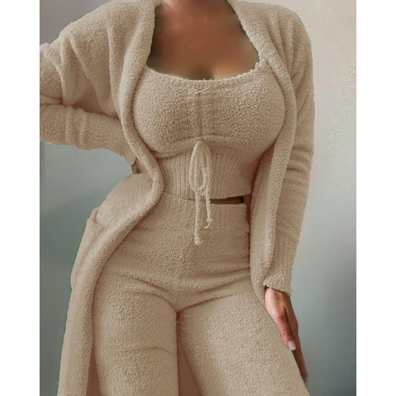 Women's Cozy Plush Loungewear Set Autumn Winter Solid Color 3-Piece Lace-Up Leisure Pajama Set for Home & Lounge Long Sleeve Minimalist Nightwear Fabric Womenswear Cardigan Matching Pants Top Homewear Pjs Basic Casual
