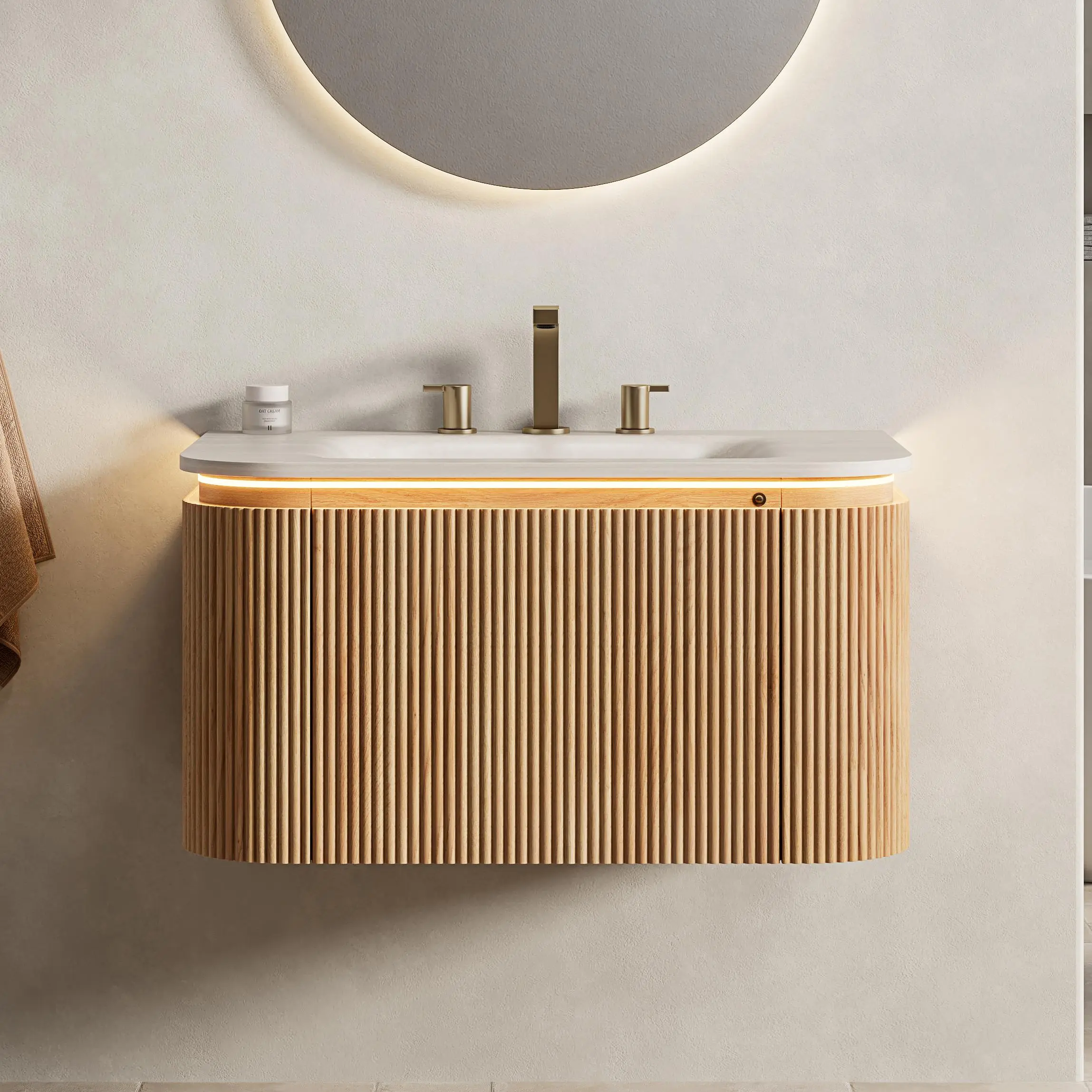 Nokaa 30-Inch Formaldehyde-Free Floating Bathroom Vanity with Sink, Curved-Edge Striped Woodgrain Cabinet, Drawer, Sensor Light, Travertine-Pattern Hot-Bent Sintered Stone Integrated Basin, Pre-Assembled, Wall-Mounted Indoor Cupboard, Formaldehyde Free Ba