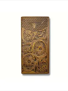 Western Men's Full Grain Leather Checkbook Wallet Large Capacity Vintage Cowboy Retro Design Ox Head Embossed Leather Long Card Wallet