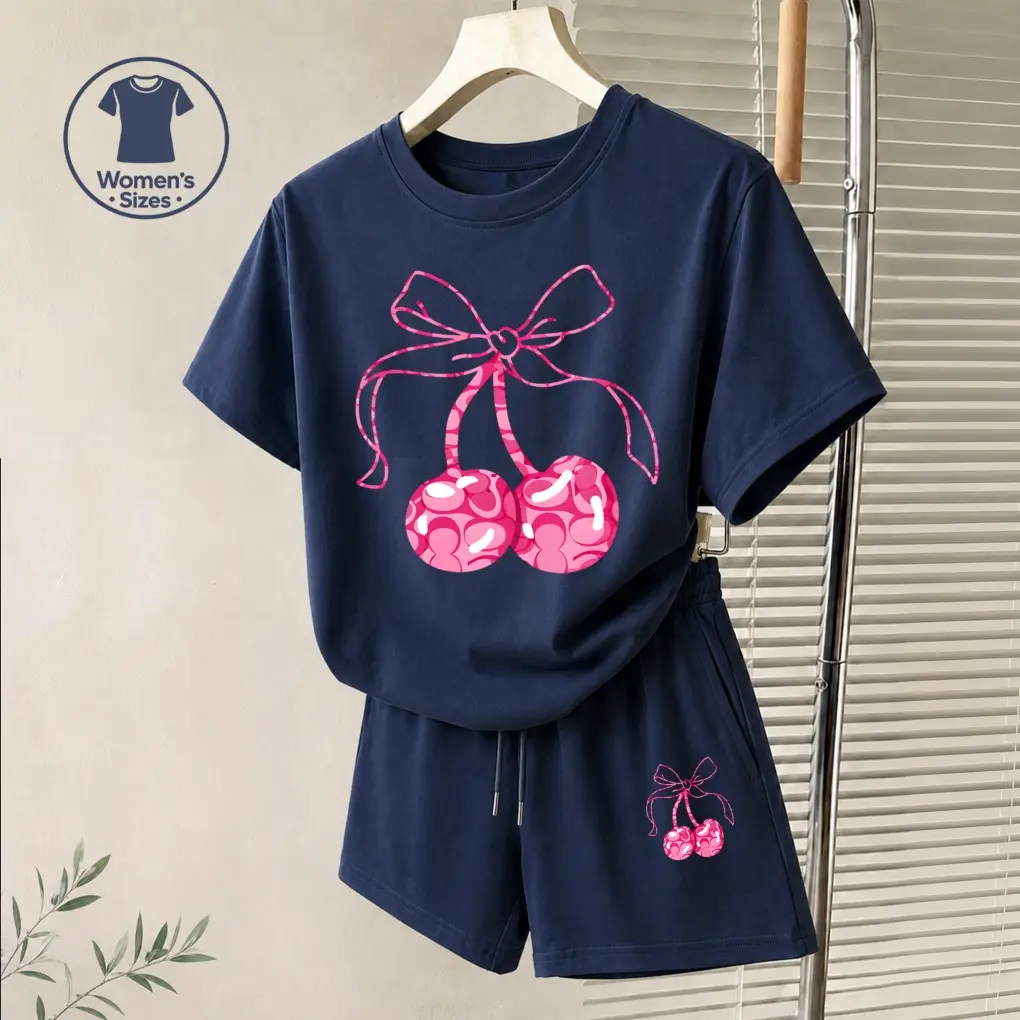 Women's Pink Cherry Graphic Short Sleeve T-Shirt And Shorts Set, Casual Summer Two-Piece Outfit With Crew Neck Top And Drawstring Waist Shorts For Daily Wear