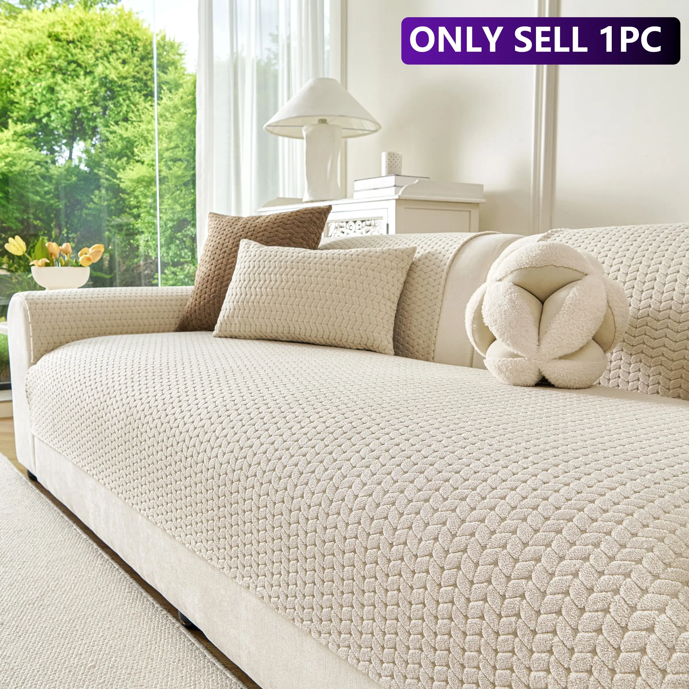 1pc Solid Color Wheat Pattern Chenille Sofa Cushion, Cream Texture Non-Slip Stain Resistant Pet Friendly, Fits 1-4 Person Straight L-Shaped Sofas