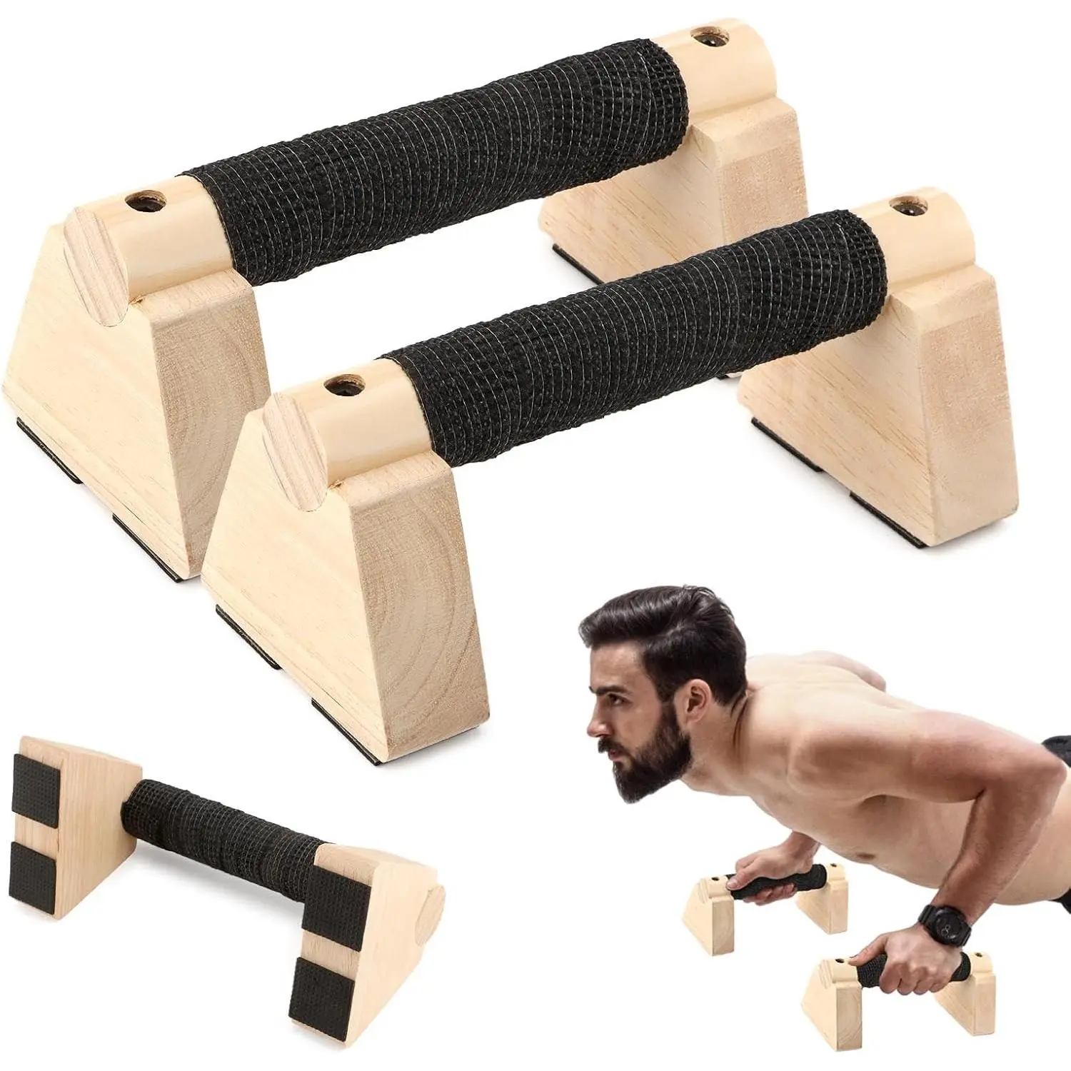 2PCS Wooden Push-Up Bars Set Pack - Non-Slip Base Stands, Solid Wood Calisthenics Bars, Fitness Equipment for Handstands, Plank, Home Gym Accessory Strength Conditioning Equipment