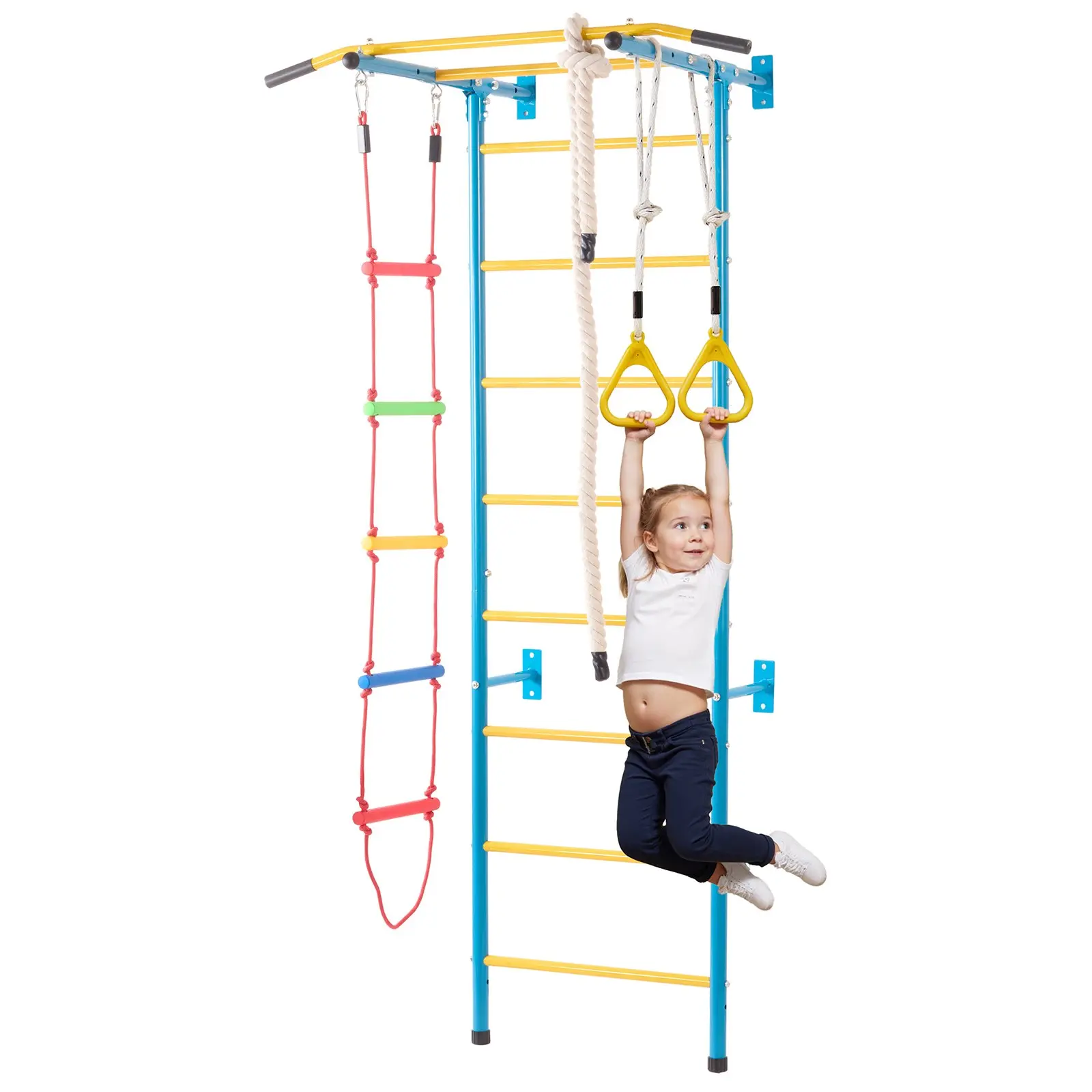 Indoor Jungle Gym for Toddlers, 5-in-1 Climbing Playset with Carbon Steel Swedish Ladder, Wall Ladder, Pull-Up Bar, Rope Ladder, and Gymnastic Rings, Supports 220 lbs, Multicolor