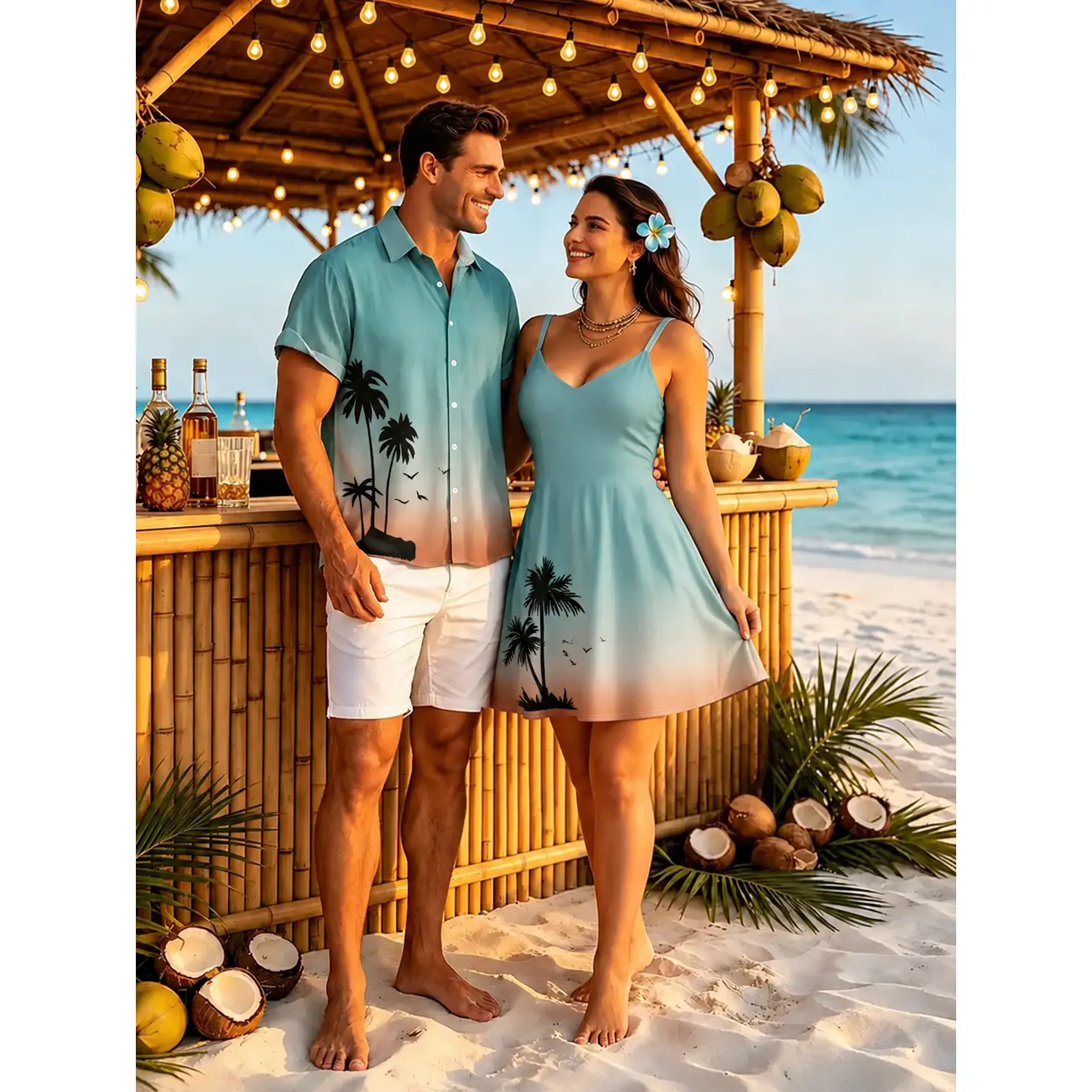 Women's Matching Sets, 2026 Couple Ombre Palm Tree Print Hawaii Vacation Outfit - V-Neck Spaghetti Strap A-Line Mini Dress & Short Sleeve V-Neck Shirt, Regular Fit Summer Women's Couples Clothing Sets