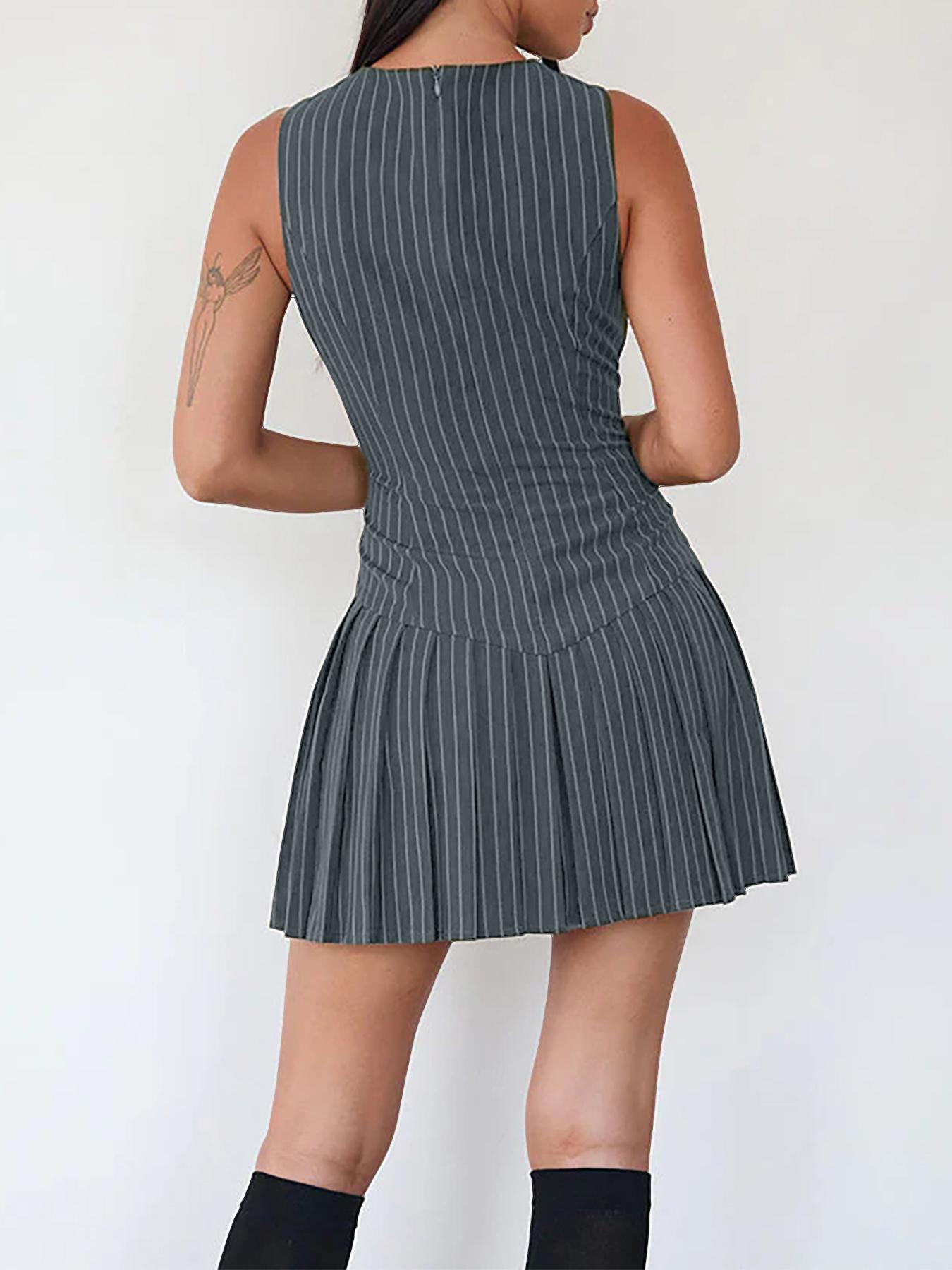 Women's Striped Print Pleated Dress, Casual Fashion Dress for Daily Outdoor Wear, Ladies Clothes for All Seasons