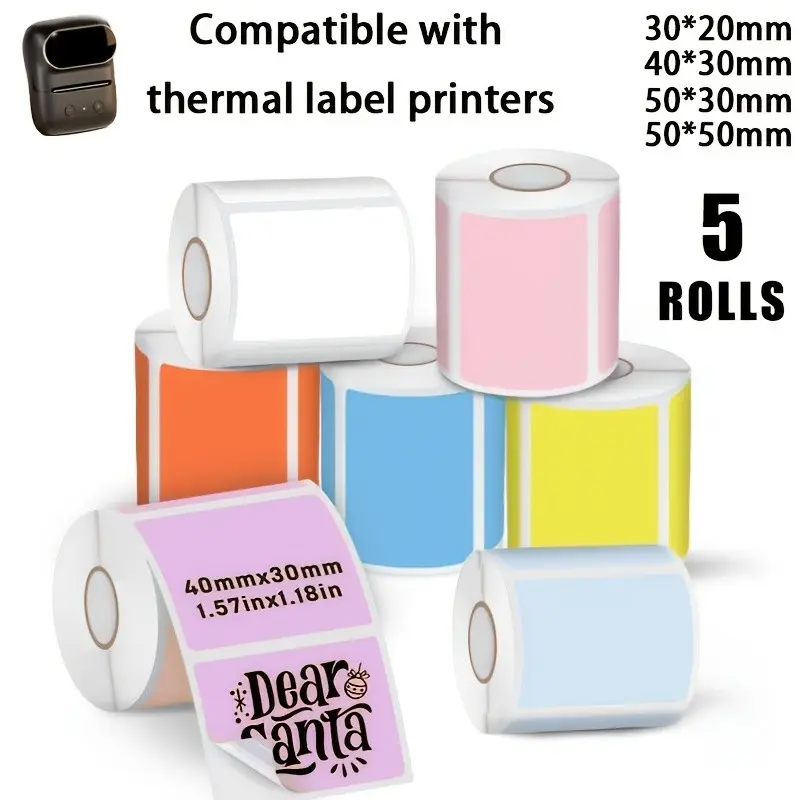 5 Rolls Colorful Thermal Labels, Compatible with Sk58/sk35/sk20, Portable Printers M110/m221/m120/m200, Ideal for Small Businesses, Home, Office, Holidays