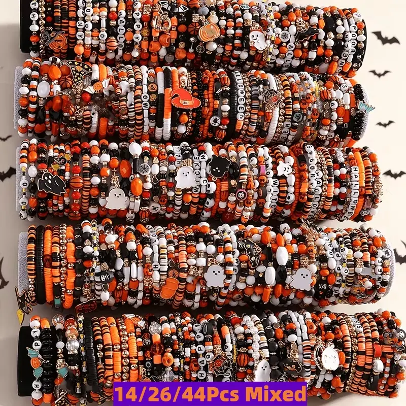 14/26/44pcs Unisex Halloween Chain Jewelry Bracelets & Bangles Set, Featuring Quirky Spider and Bat Charms, Ideal for Holiday Celebrations and Gifting to Loved Ones, Yes, Mixed, Casual, Daily, Festive Bracelets & Bangles