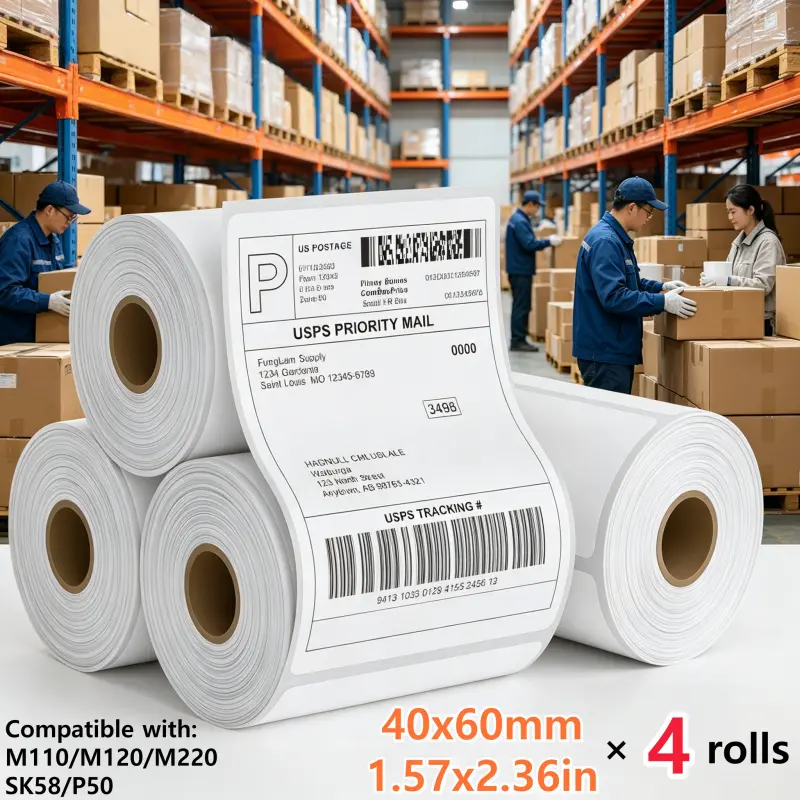 4-pack thermal shipping labels - permanent adhesive, waterproof, easy peel and stick, no ink or toner. Compatible with Brother, Phomemo, MUNBYN, etc. Ideal for USPS Postal, USPS Priority Mail Service, USPS Tracking, mailing and logistics.