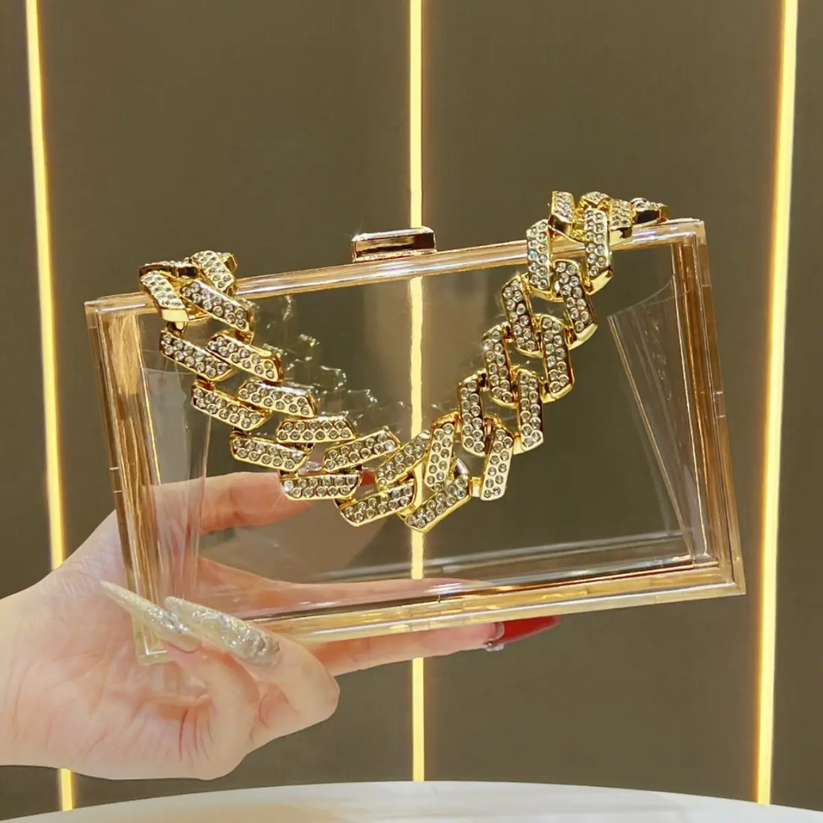 Fashion Transparent Acrylic Rhinestone Chain Evening Clutch, Ladies Hard Shell Box Handbag With Removable Shoulder Strap, Crossbody Purse For Club Prom Banquet