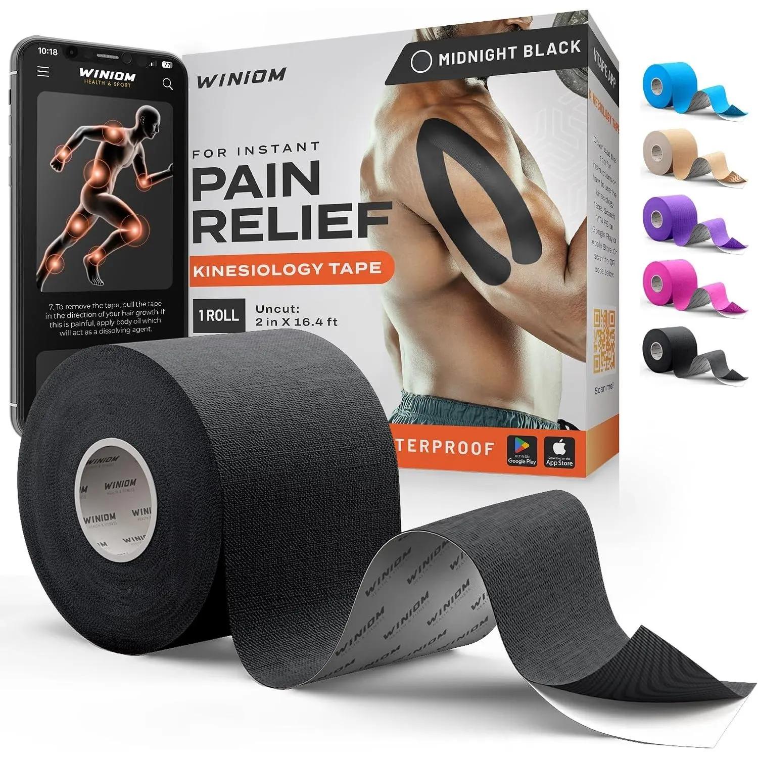 Waterproof Athletic Sports Tape for Knee Shoulder Arm & Back Support 3-5 Day Adhesion Hypoallergenic Latex-Free with Taping Guide Uncut 2inx16.4ft Midnight Black 1 Roll