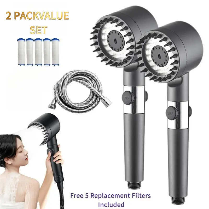 2-Pack Handheld Turbo High-Pressure Shower Heads with Replaceable Filter Cartridges, 3 Spray Modes, 1-Button Stop, Stainless Steel Hose & Wall Bracket, Soft Filter for Hard Water Hair & Skin Care Bathroom Fixtures
