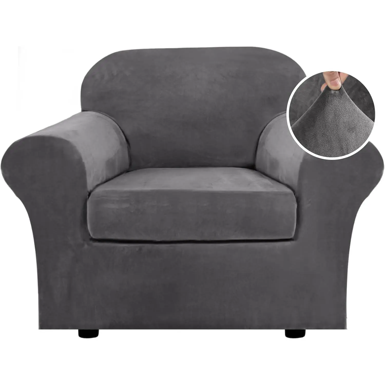 Rich Velvet Stretch 2 Piece Chair Slipcover Soft Sofa Cover Furniture Protector Couch with Elastic Bottom, Chair Couch Cover with Arms, Fit Width Up to 49 Inch, Grey