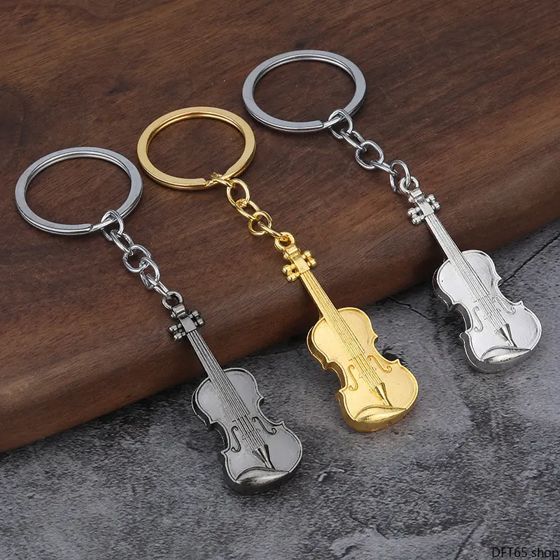 Vintage Matte Alloy Mini Guitar And Violin Instrument Pendant Aged Textured Surface Fixed Metal Split Key Ring Compact Slim Silhouette Unisex For Couples Handbag Car Keys Portable Music Lover Retro Style Decorative Matching Gift Bag Charm Accessory