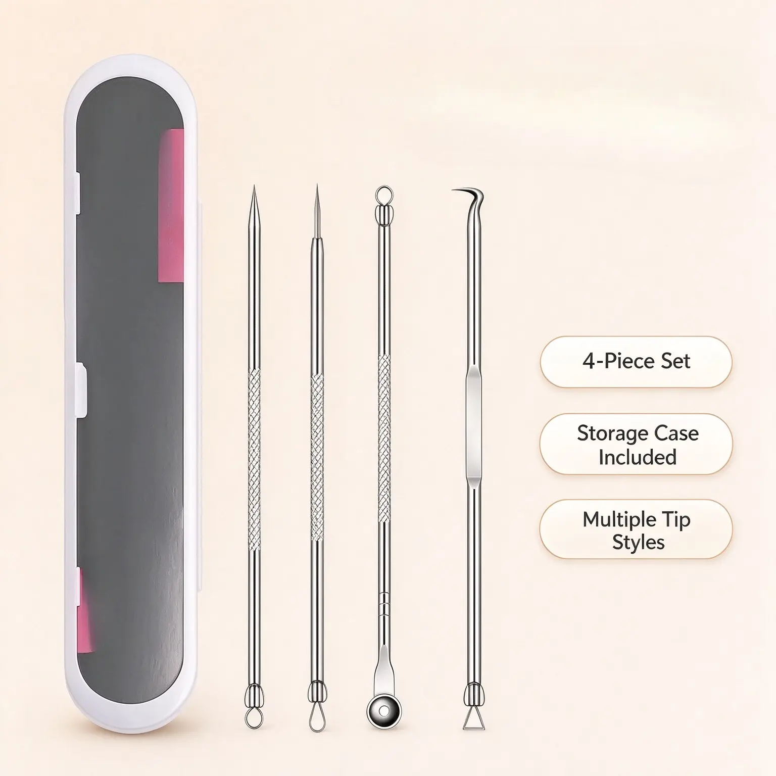 Acne Care Tool Set, 4 Counts Precision Extractor Kit, Professional Facial Skin Care Tools, For Blackhead Cleansing, Pore Impurity Removal For Women And Men Home Beauty Use