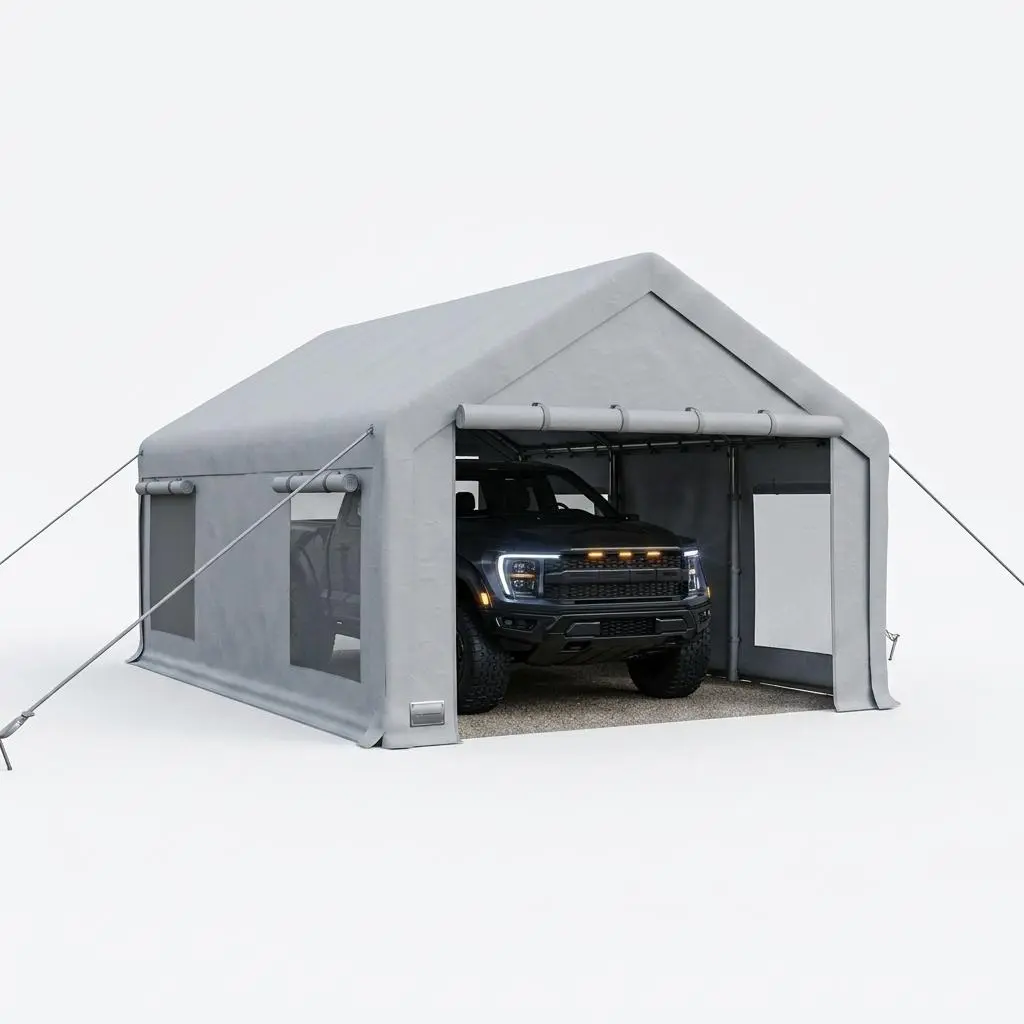 12x20 FT Heavy Duty Portable Carport Garage, 200g Weatherproof PE Canopy with 2 Roll-Up Doors and 4 Side Windows, Multi-use Outdoor Storage Shelter for Pickups, SUVs, Boats and Outdoor Events, Available in Khaki, Gray, White
