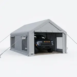 12x20 FT Heavy Duty Portable Carport Garage, 200g Weatherproof PE Canopy with 2 Roll-Up Doors and 4 Side Windows, Multi-use Outdoor Storage Shelter for Pickups, SUVs, Boats and Outdoor Events, Available in Khaki, Gray, White