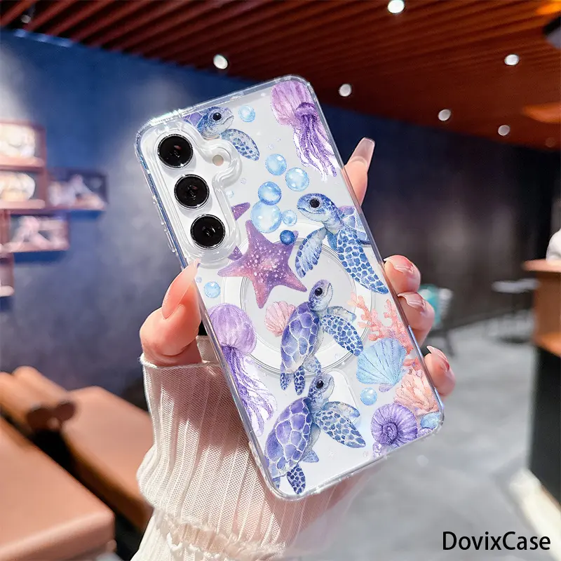 Cute Sea Turtles Purple Jellyfish Starfish And Coral HD Clear Shockproof Transparent Acrylic Magnetic Printed for Samsung Galaxy S26 S25 S24 S23 S22 S21 S20 Fe Plus Ultra Edge S10E A57 A56 A55 A54 A37 A36 A35 A34 A26 A25 A24 A23 A17 A16 A15 A14 A07 A06