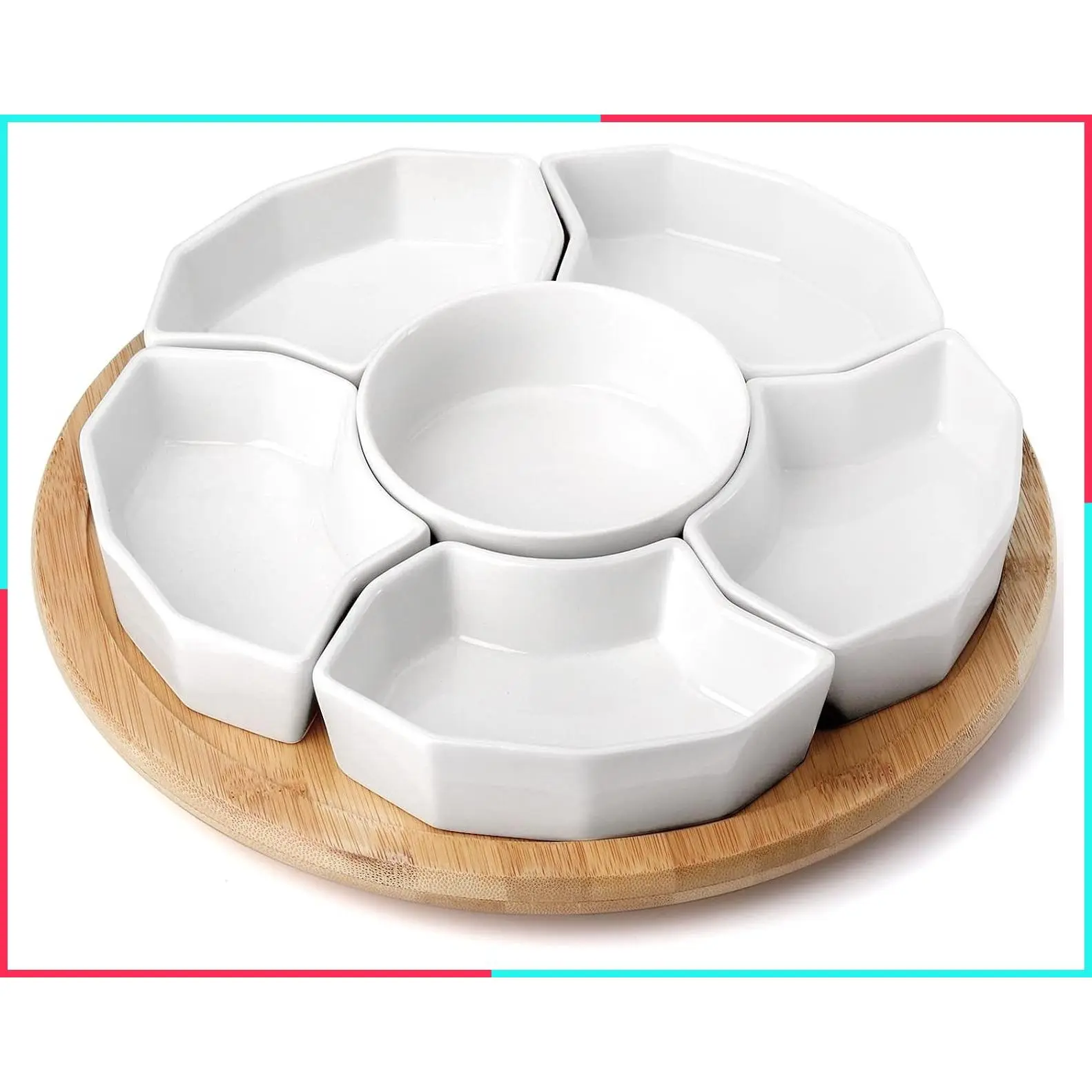11-inch Lazy Susan Serving Tray Set, Porcelain 360° Rotatable Platter with Removable Divided Dishes, Party Relish Bowl for Chips, Dips, Veggies, Candy, Snacks, Cheese, 7 Pieces