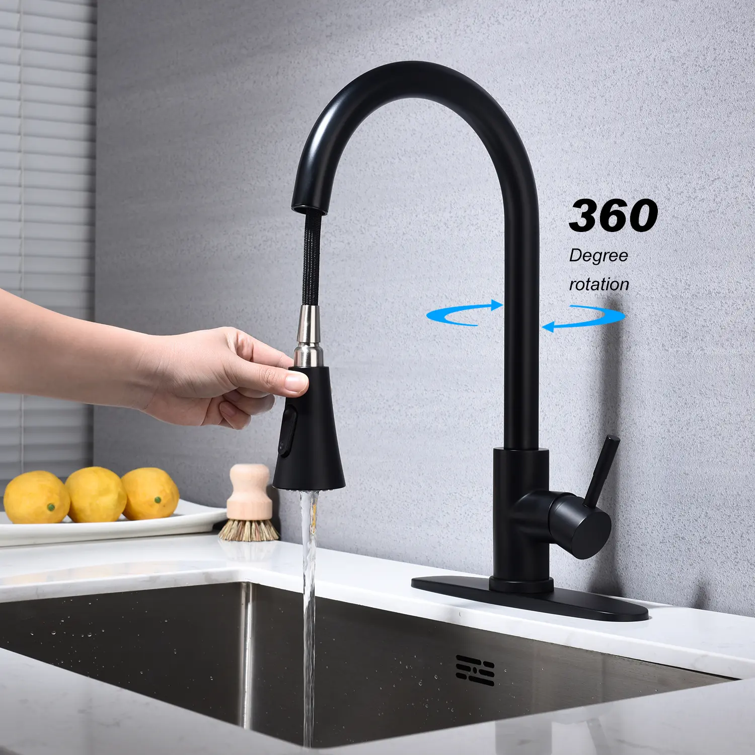 Nokaa Kitchen Faucet with Pull Out Sprayer, Stainless Steel Single Handle High Arc 360° Rotating Swivel Kitchen Sink Mixer Tap, Anti-Corrosion Rust Resistant Easy Clean, Matte Black