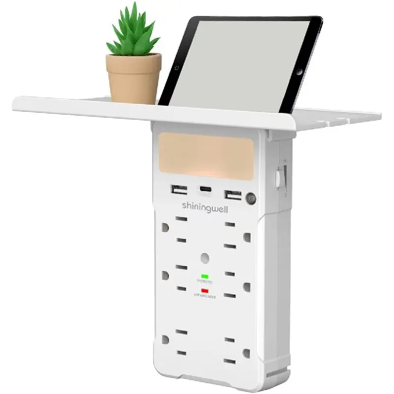 Wall Outlet Extender with Shelf and Night Light, White| Surge Protector, 3 USB Ports (2A+1C), 6 AC Outlets, Multi Plug Expander Charger Shelf with Storage for Home, Dorm