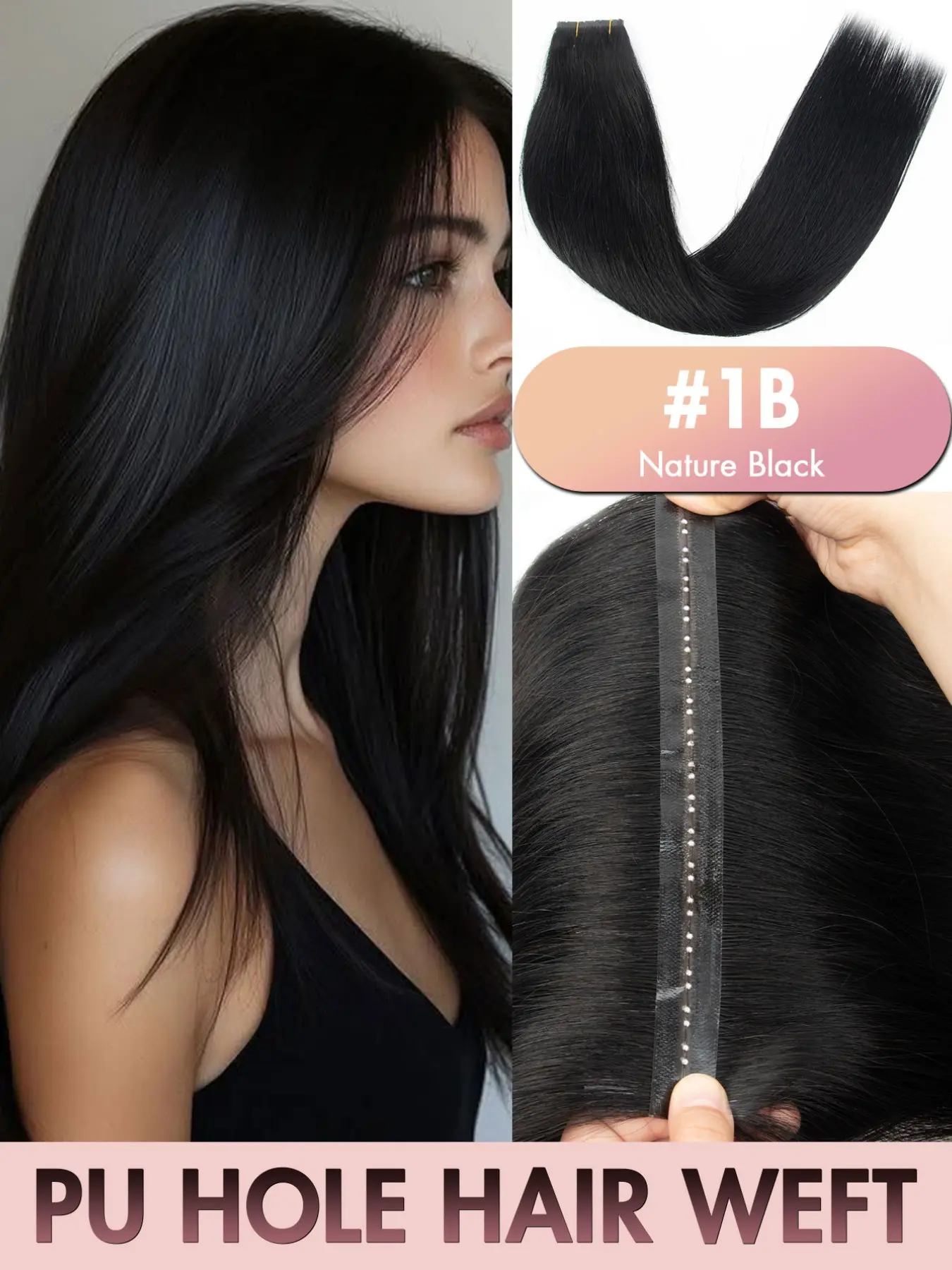 Butterfly Weft Hair Extensions Human Hair Glueless Pu Hole Hand Tied Straight #1B, Natural Looking Hair, Invisible Twin Tab Weft Secure Attachment Seamless Blending, Compatible With All Hair Types- Salon & Home Use