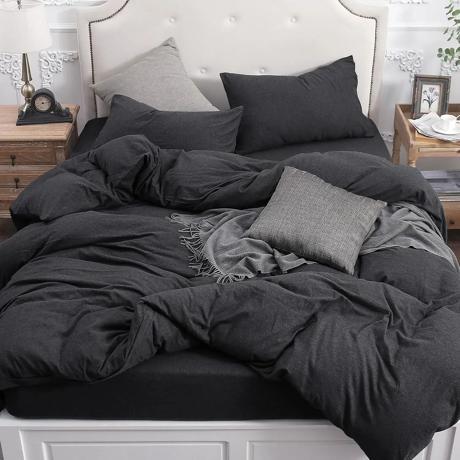 Jersey Knit Duvet Cover Set 100% T-Shirt Cotton Super Soft Comfy 3pc Bedding Set with Zipper Closure (Heather Charcoal Grey, Queen)