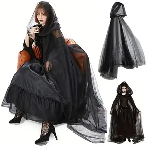 Halloween Hooded Mesh Witch Death God Cape, Vampire Cloak Cosplay Costume, Role Play Halloween Dress Up, Perfect for Christmas Parties