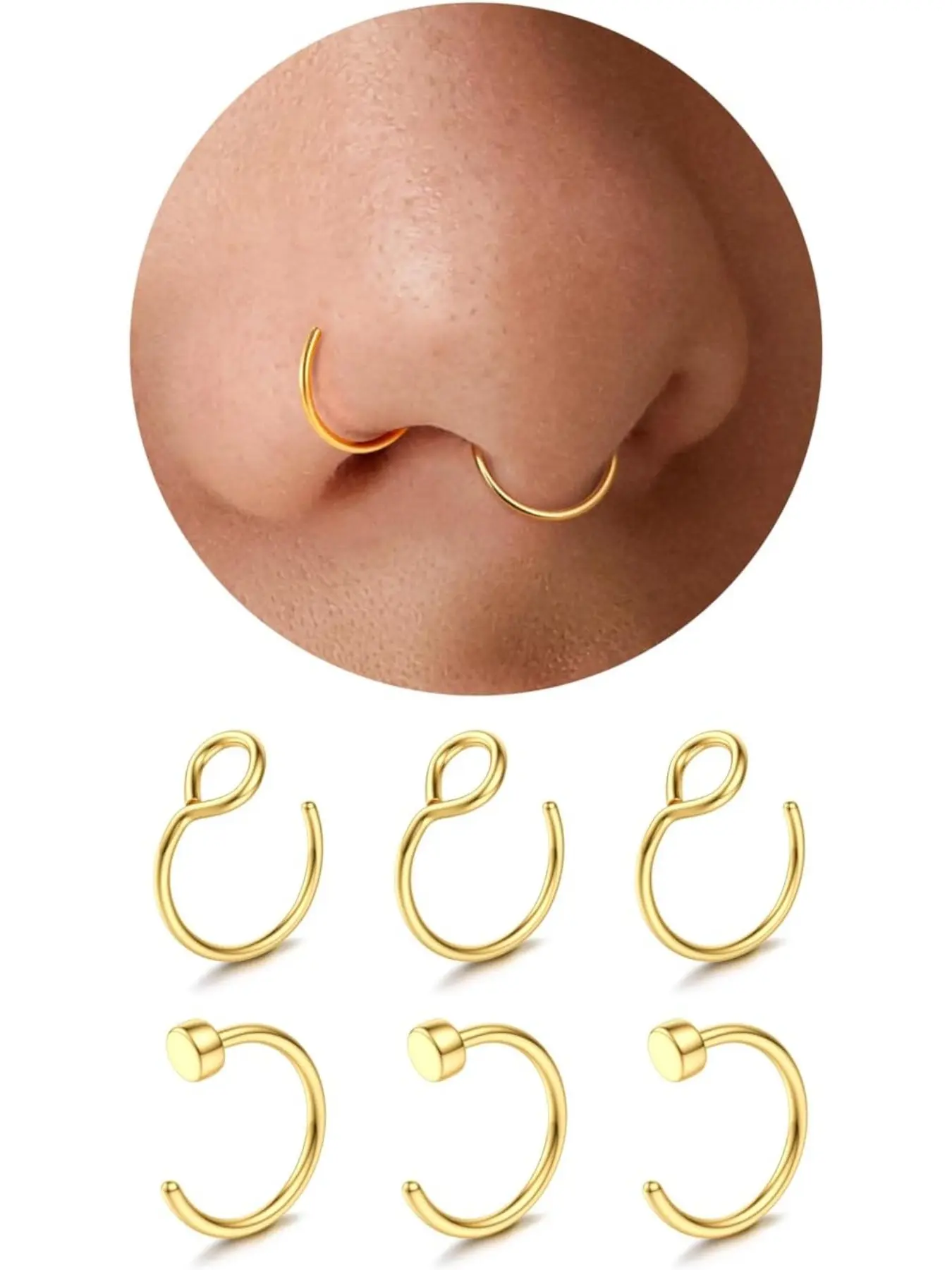 6 Piece Nose Piercing Fake Nose Ring Thin Gold Silver Surgical Steel Septum Hoop Nostril Piercing Set Lip Piercing Helix Cartilage Tragus Daith Piercing Ear Jewellery Body Piercing Jewelry Septum Rings 22G/20G/18G 6-8 mm