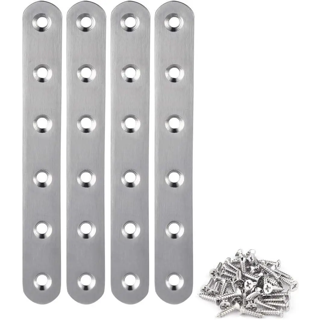 4 count Stainless Steel Straight Brace (6.1 x 0.7 inch,156 x 18 mm) Flat Straight Braces, Straight Brackets, 24 count Screws Included