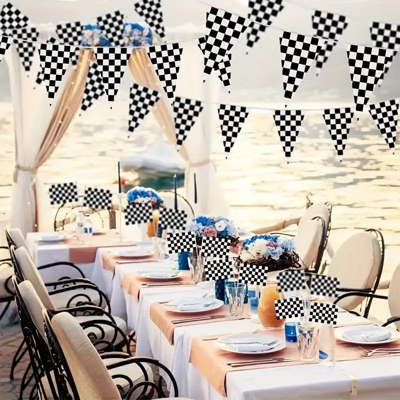 38pcs Black and White Checkered Flag Banner - Racing Party Decorations, Birthday Supplies, PE Material, Perfect for Indoor/Outdoor Events, Halloween, Christmas, and Themed Parties, Festive Table Setup | Decorative Party Flags | Themed Party Decor