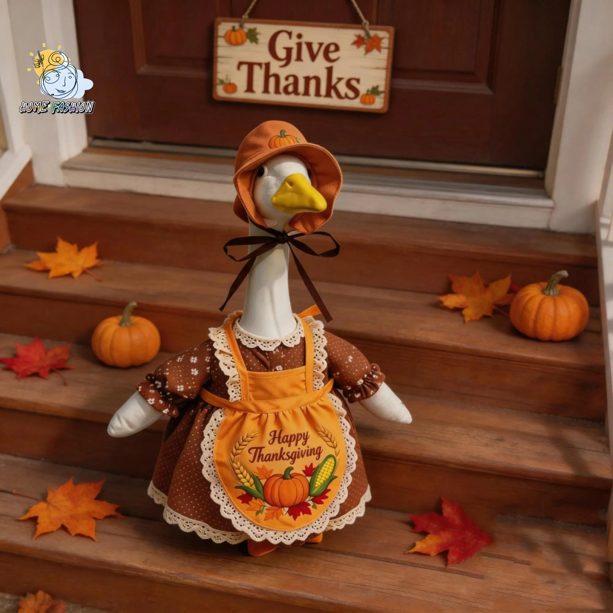 Thanksgiving Outdoor Porch Goose Outfit Set - Polyester Floral Dress, Pumpkin Apron & Pumpkin Hat for Size 23