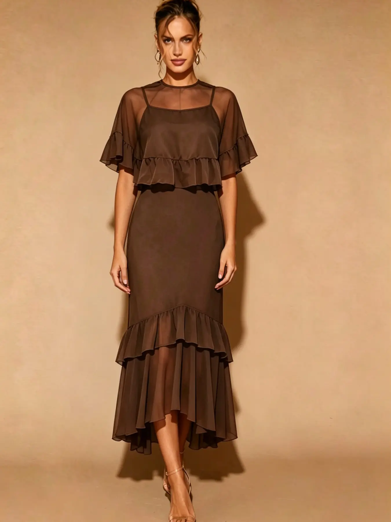 Two-Piece Chiffon Cape Shawl + Thin Strappy Midi Dress, Waist-Cinch Slimming Multi-Layered Ruffle Fish Tail Hem, Women's Date Wedding Vacation Dress