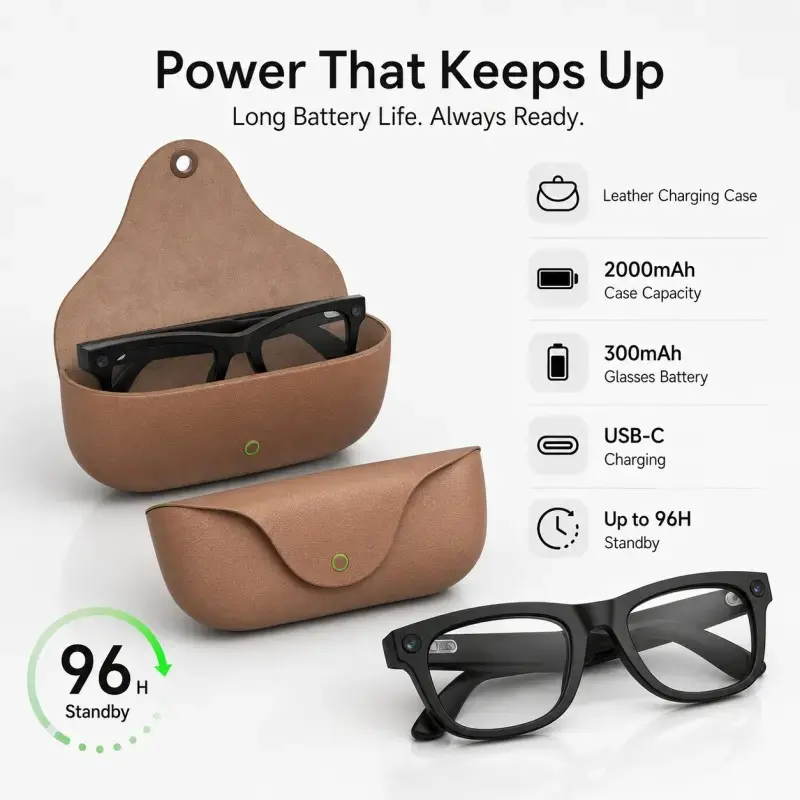 blue light glasses with 8MP HD Camera, Smart Recording Glasses, Dual Lenses, Open-Ear Audio, Real-Time Translation, Voice Assistant, Leather Charging Case for Travel Daily Use, Wearable Tech Glasses, Multifunctional Smart Glasses