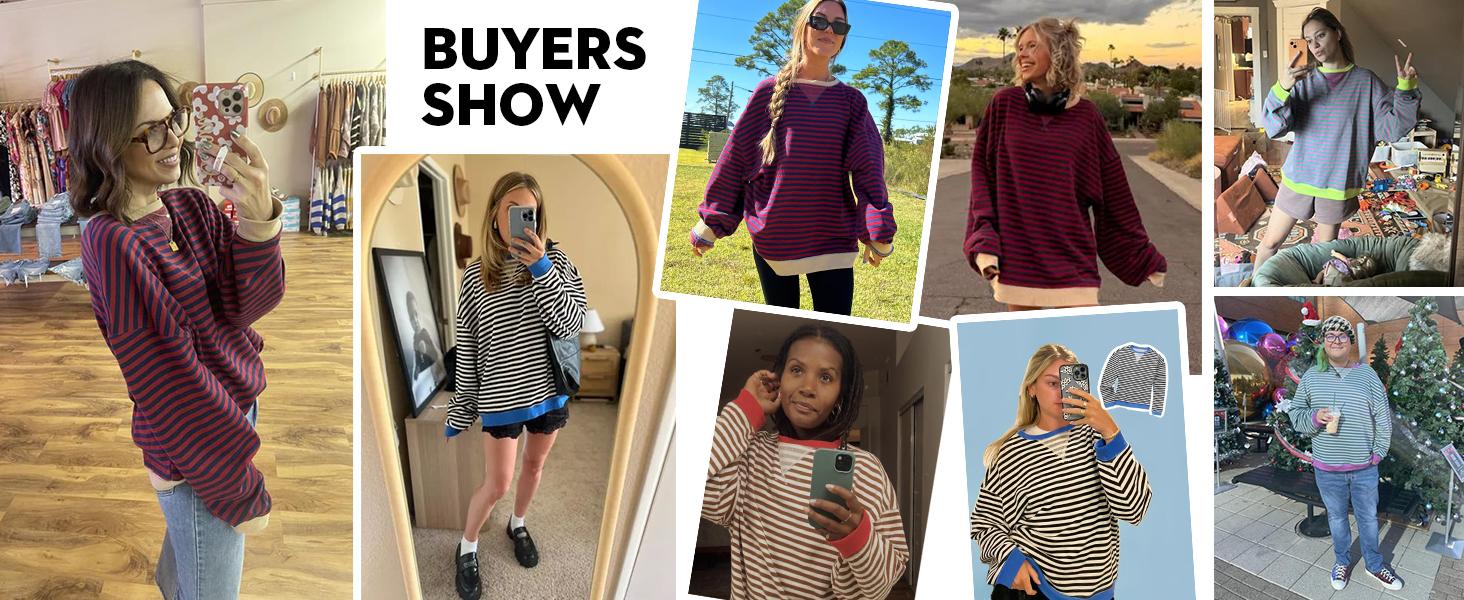【Up To 3XL】FMEYOA Womens Striped Oversized Sweatshirt Color Block Crew Neck Long Sleeve Shirt Casual Loose Pullover Top Y2K Clothes