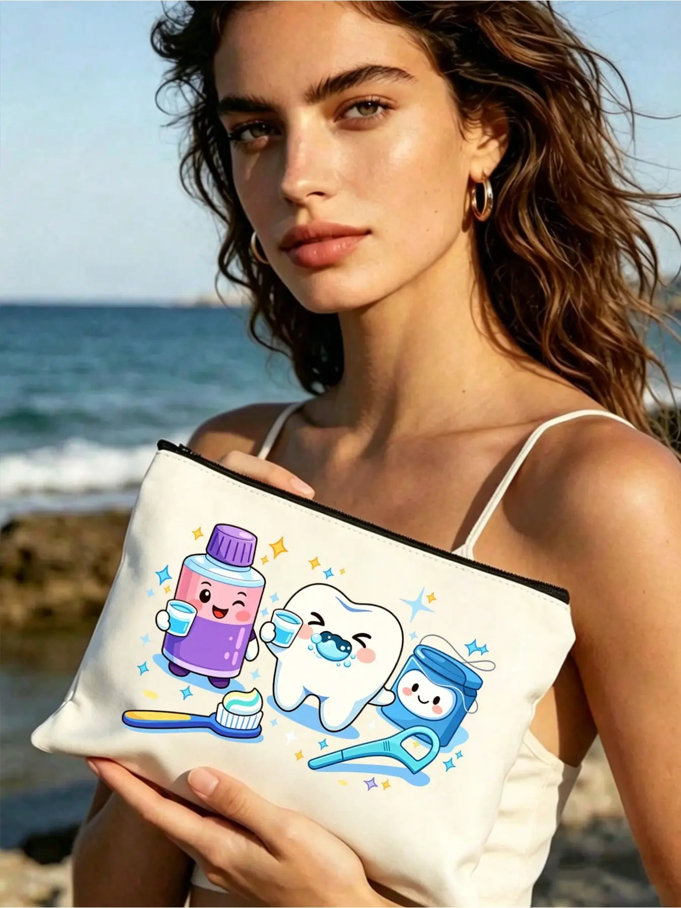 Cute Cartoon Dental Print Canvas Zipper Pouch Washable lightweight storage bag for toothbrushes, floss, makeup and stationery, ideal travel & gym gift for dentists.