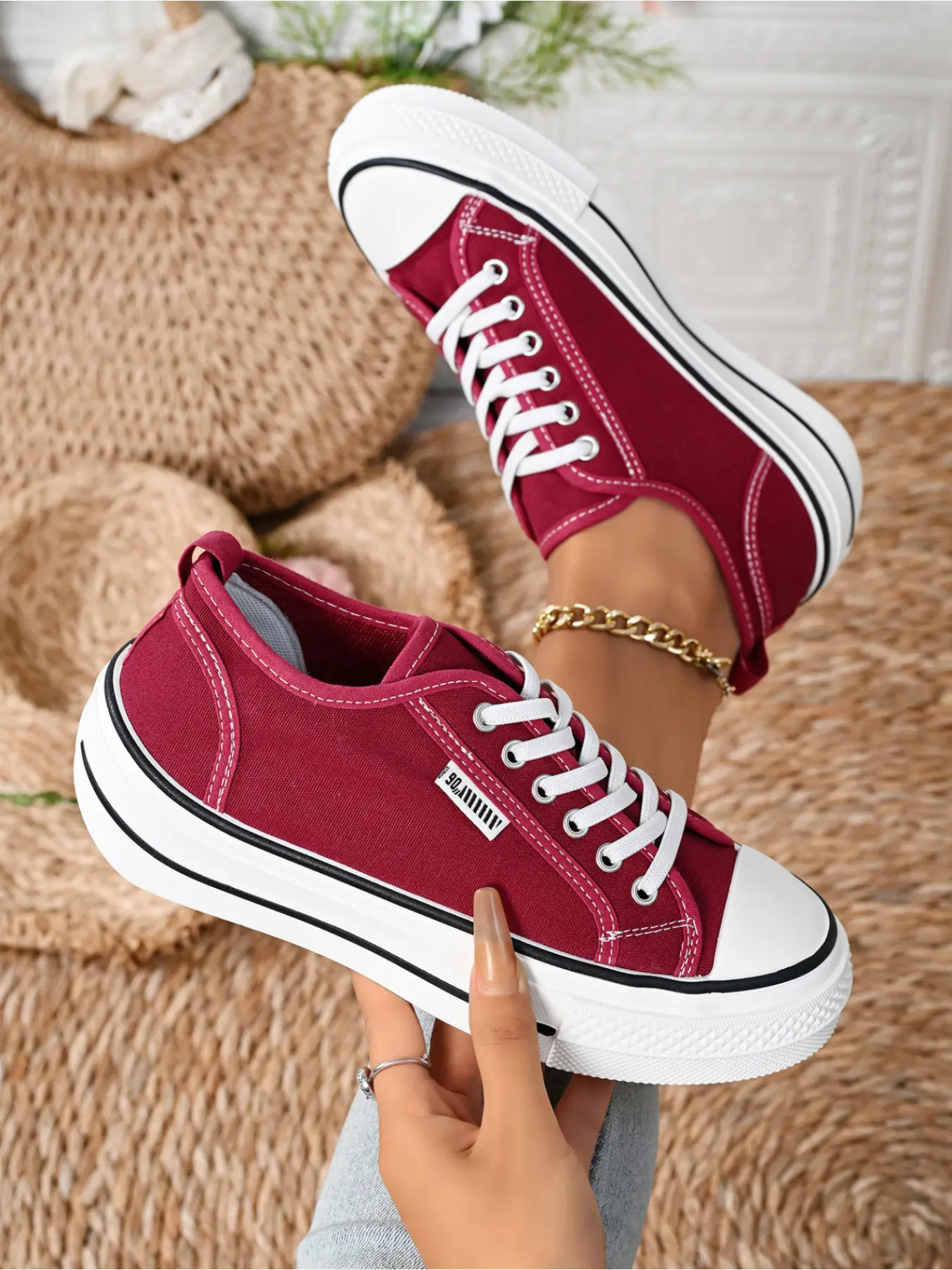 Contrast Color Lace Up Trainers Canvas Platform Sneakers Trainer Non Slip Daily Casual Walking Flats Sports Shoes