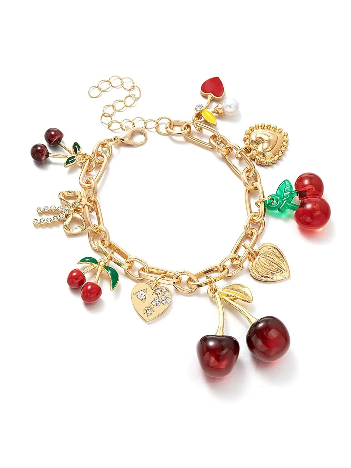 Cherry Bow Heart Charm Bracelet, Chunky 3D Fruit, Realistic Enamel Pearl, Adjustable Chain, Handmade Fashion Jewelry for Women, Exquisite Bracelet