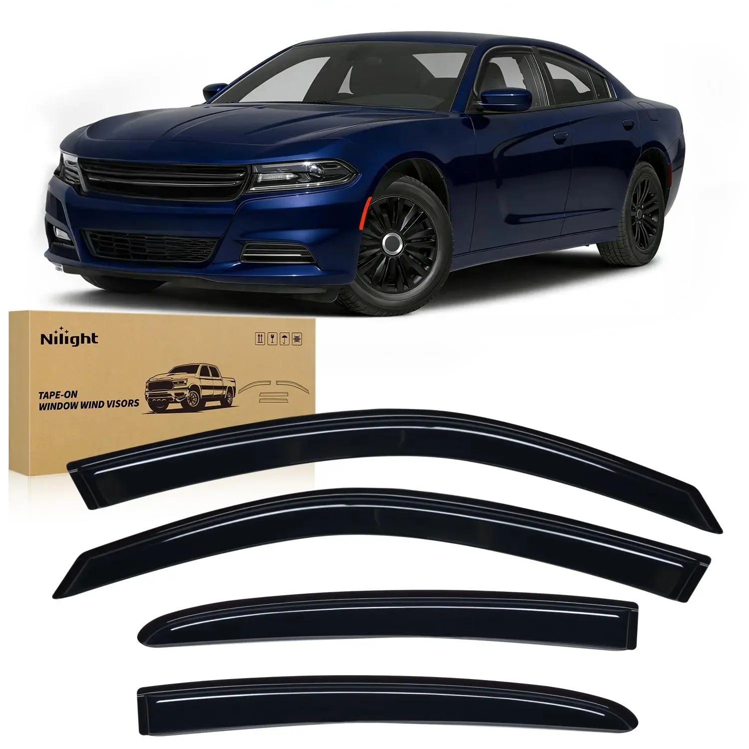 Nilight 4-Pieces Acrylic Car Side Window Deflectors & Visors - Tape-On Rain Guards, Sun Protection, Mirror Fog Prevention, Wind Noise Reduction for Dodge Charger 2011-2023 (Charger Fit)