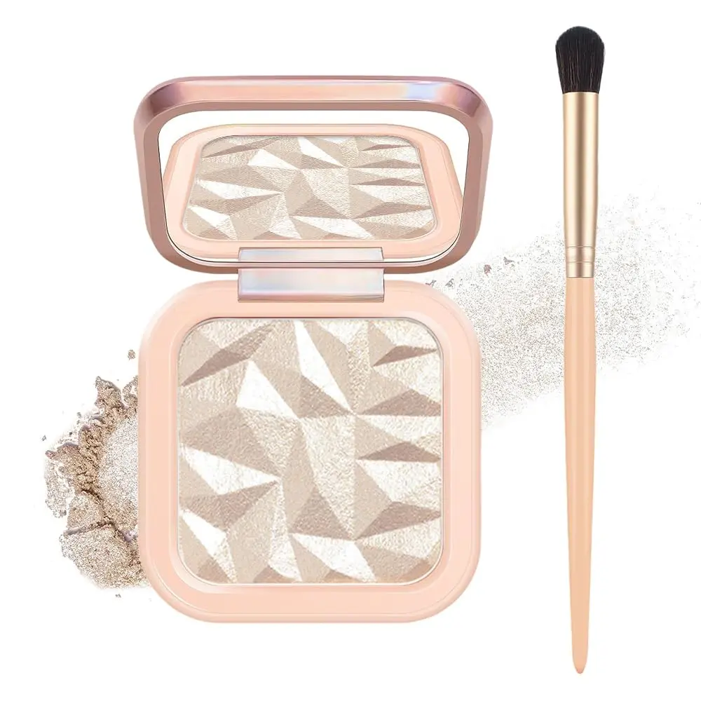 Face Highlighter Powder Palette, Shimmery Highlighter Makeup, Highlight Face Illuminator Makeup, Iluminadores De Maquillaje, Natural Glow Finish, with Mirror & Brush