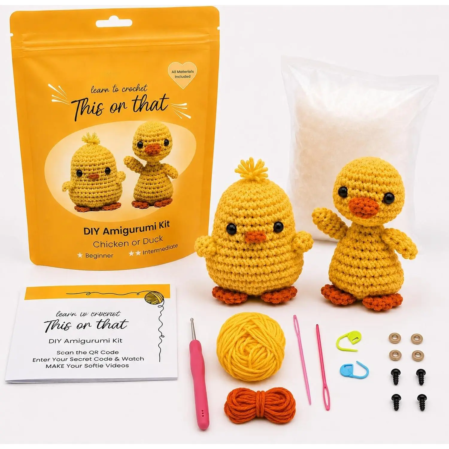Crochet Kit for Beginners, Duck or Chicken Amigurumi Crochet Starter Kit | Beginner-friendly duck or chicken amigurumi crochet kit with yarn, hook, stuffing and video tutorials