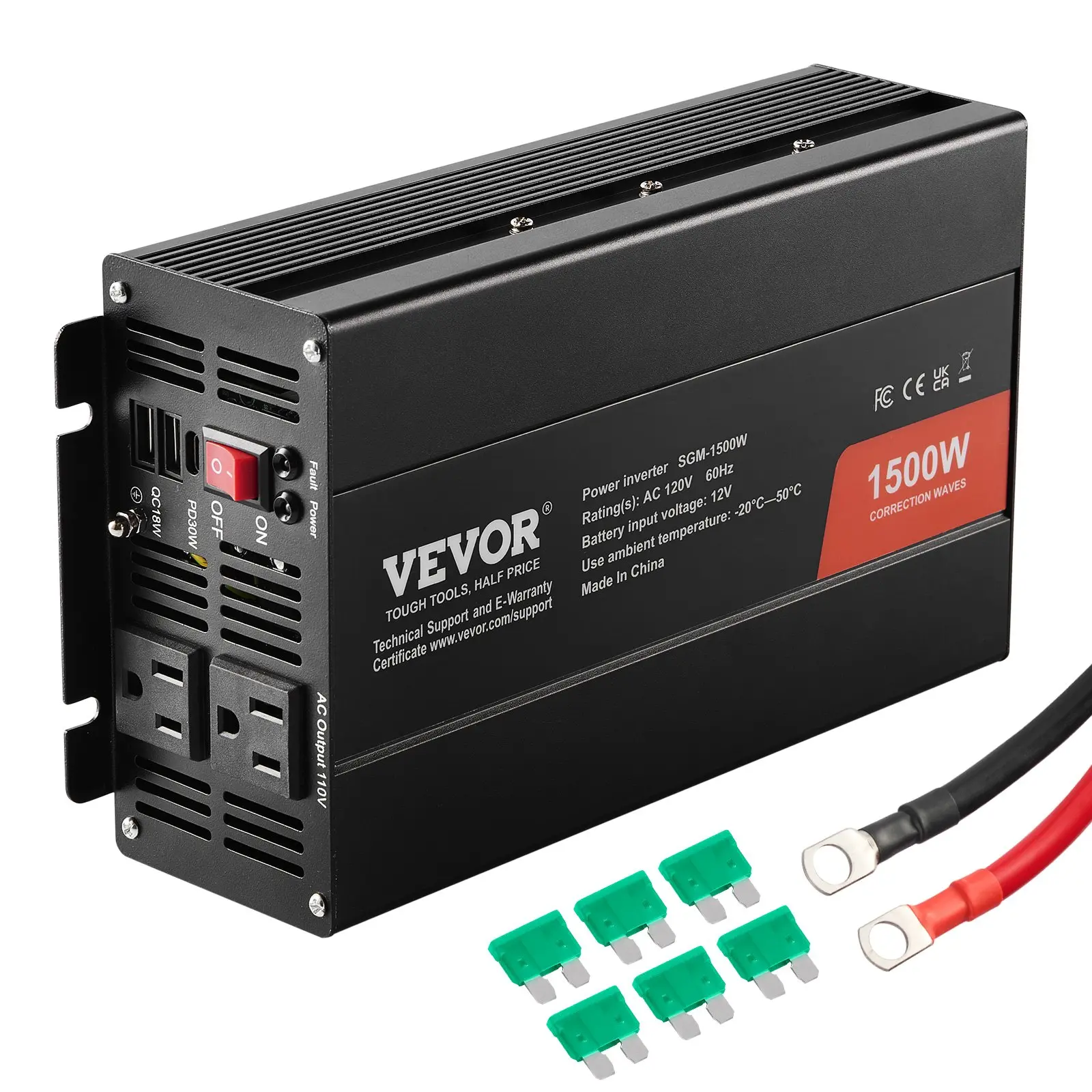 【Summerfinds】VEVOR Modified Sine Wave Power Inverter - 1500W Output, DC 12V to AC 120V Power Conversion, Aluminum Alloy Build, 2 AC Outlets, 2 USB Ports, 1 Type-C Port, 6 Spare Fuses, for Small Homes’ Devices, CE FCC Certified, Multiple Ports, 6 Security