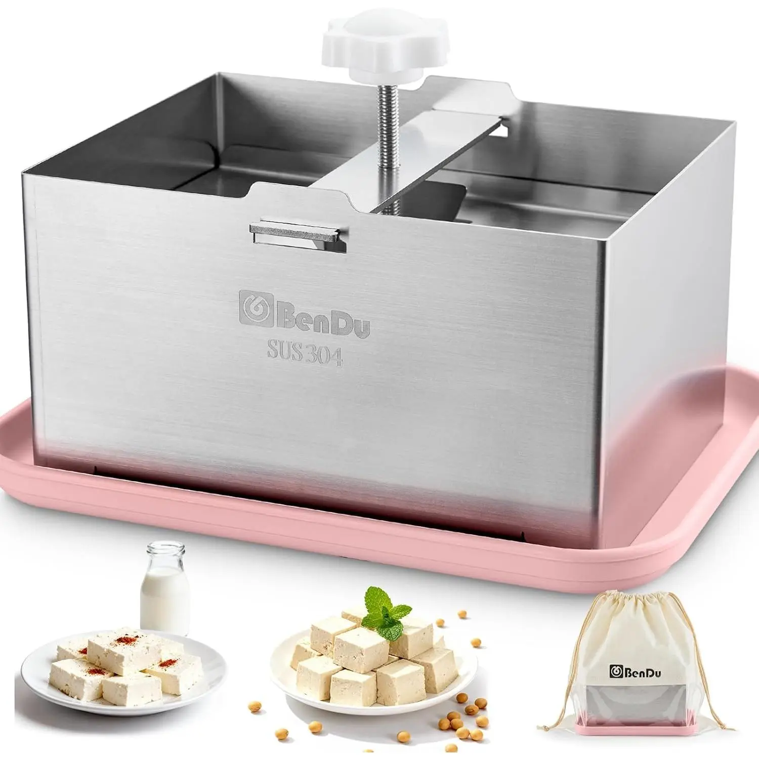 Stainless Steel Tofu Press Paneer Maker with Press Cloth and Drip Tray, Improves Tofu Flavor & Texture, Multi-Functional Pink Kitchen Tool for Homemade Tofu Paneer Cheese Press