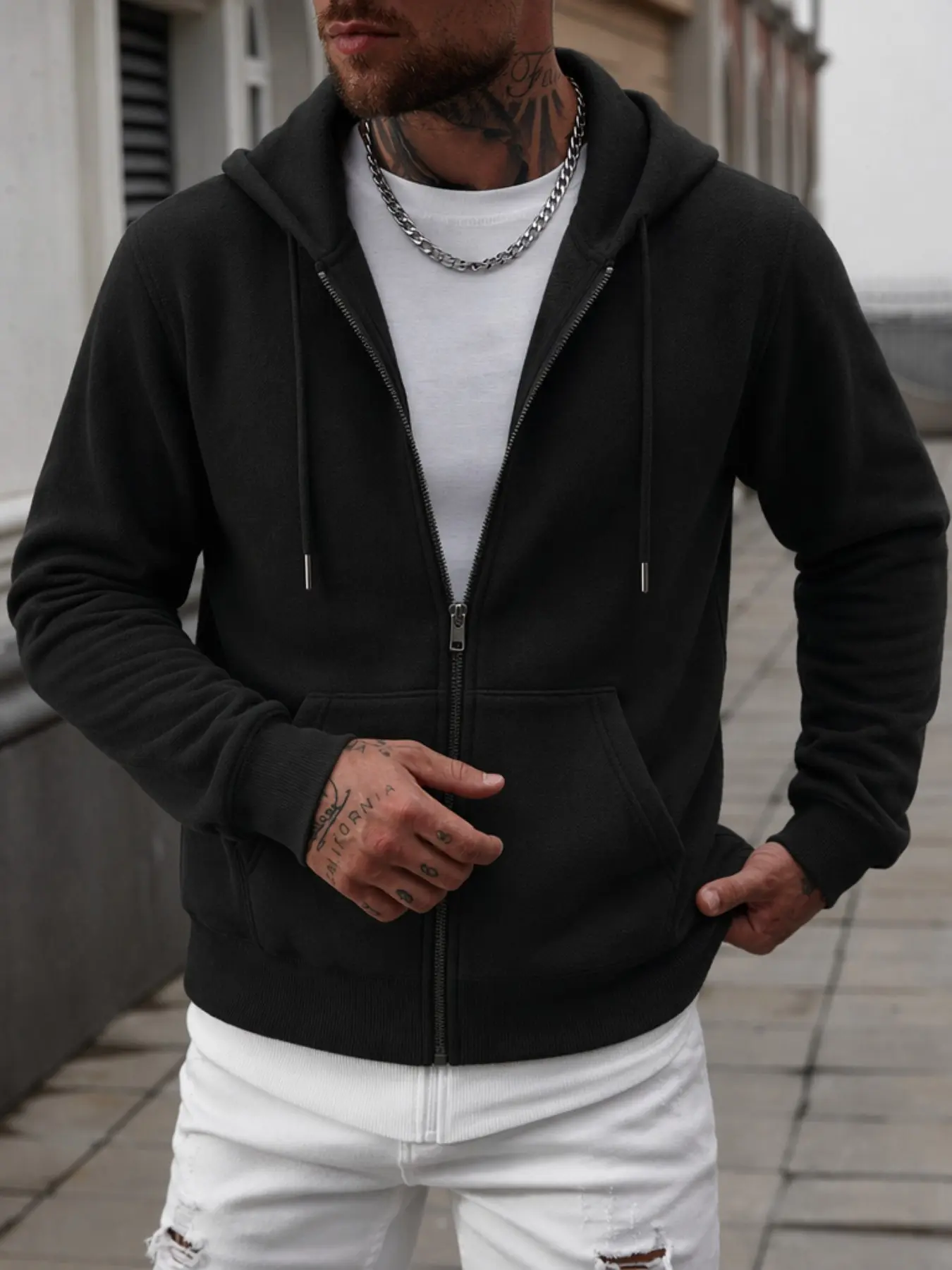 Men's Zipper Hoodie Sweatshirts, Solid Color Plain Loose Full-Zip Fleece Kangaroo Pocket Cardigan, Hip Hop Streetwear Fall Winter Casual Outerwear