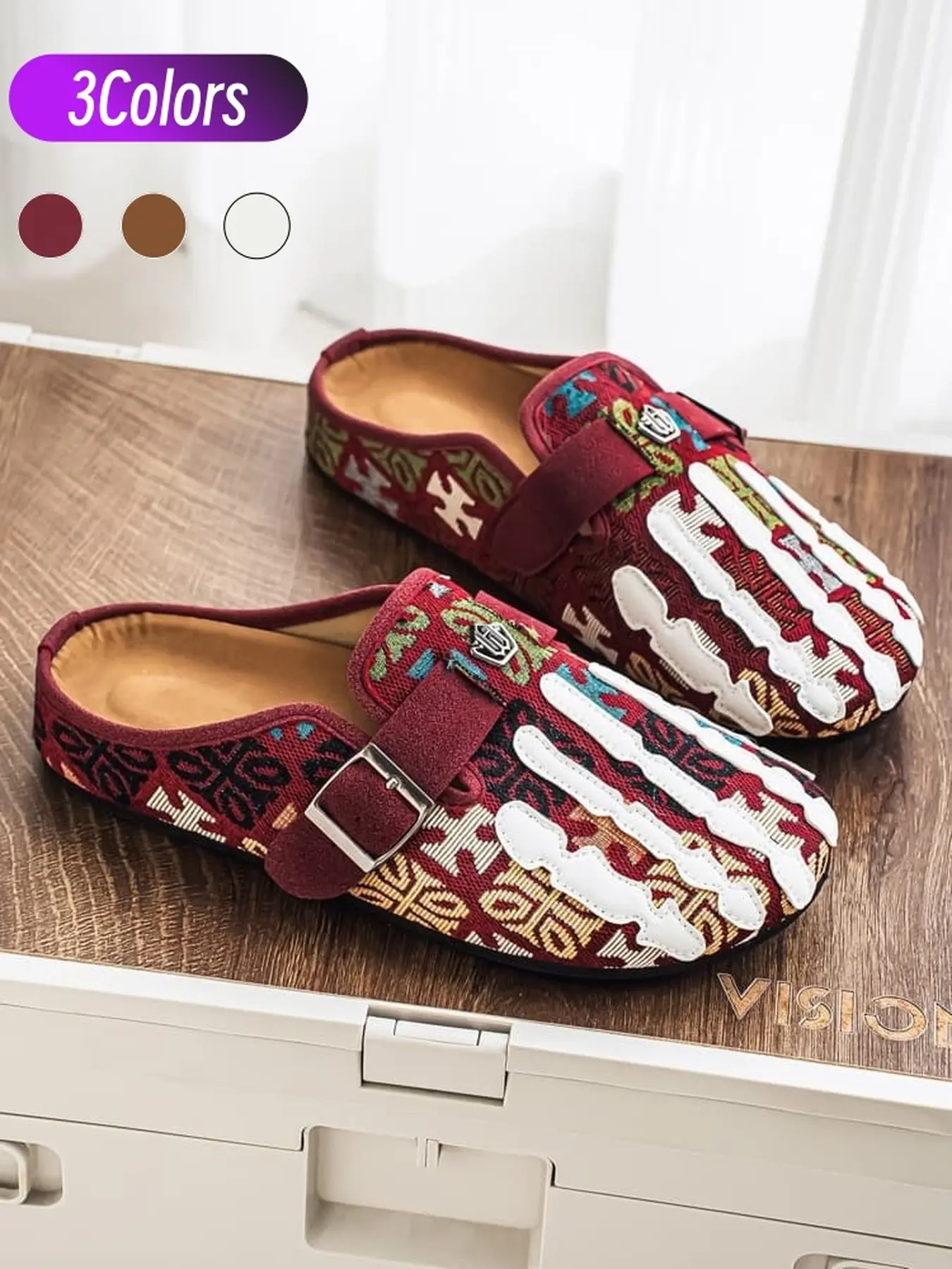 1 Pair Daily Travel Mens Skull Splicing Slides Trendy Street Style Breathable Fabric Anti Slip Flat Closed Toe For Walking Outings Stylish Summer Slippers